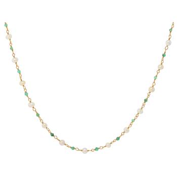 Dainty Pearl And Emerald Station Necklace In 18K Gold Over Sterling Silver