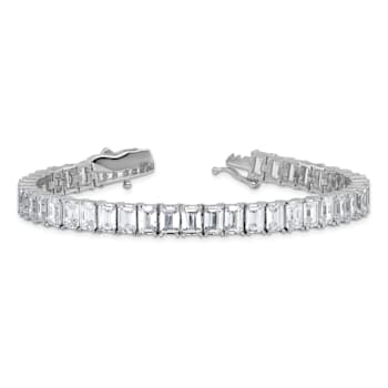 Rhodium Over Sterling Silver Polished Emerald-cut Cubic Zirconia Tennis Bracelet