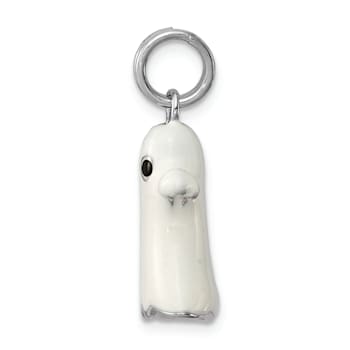 Rhodium Over Sterling Silver White Enamel Ghost Charm