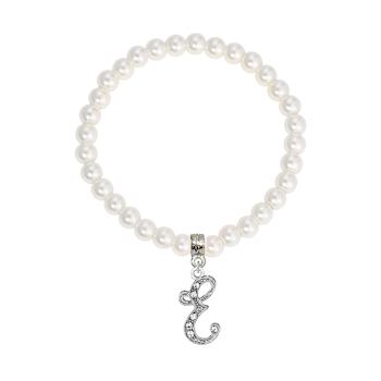 White Faux Pearl Bead Initial Charm Stretch Bracelet