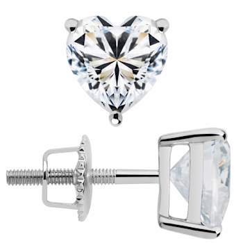 White Cubic Zirconia 14k White Gold Heart Studs With Velvet Gift Box 1.50ctw