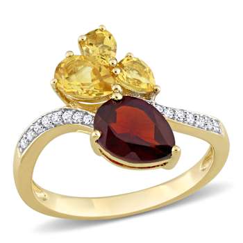 2.10ctw Garnet, Citrine And Diamond 14k Yellow Gold Ring