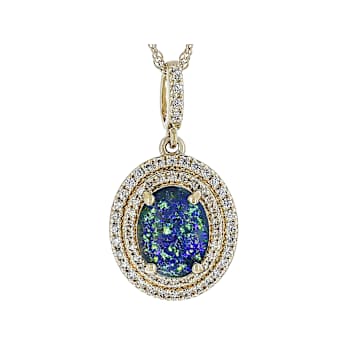Australian Opal Triplet And White Zircon Pendant Necklace In Solid 10K
Yellow Gold 0.36ctw