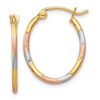 14k Yellow Gold and Rhodium Over 14k Yellow Gold 13/16" Satin
Diamond-Cut Oval Hoop Earrings