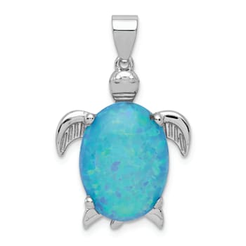 Rhodium Over Sterling Silver Lab Created Opal Inlay Sea Turtle Pendant