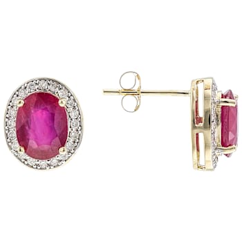 Ruby Oval And White Diamond Stud Earrings In Solid 14K Yellow Gold 3.87ctw