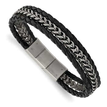 Black Leather and Stainless Steel Antiqued and Brushed 8.25-inch with
0.5-inch Extension Bracelet
