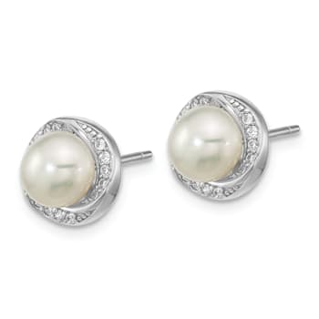Rhodium Over Sterling Silver CZ 6-7mm White Button Freshwater Cultured
Pearl Post Earrings