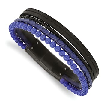 Leather and Stainless Steel Polished Black IP Plated with Lapis with
0.5-inch Extension Bracelet