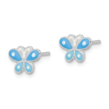 Rhodium Over Sterling Silver Blue Enameled Butterfly Children's Post Earrings
