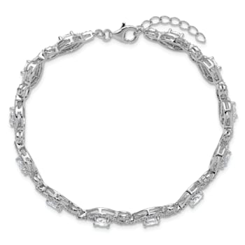 Rhodium Over Sterling Silver Fancy Cubic Zirconia with 1-inch Extension Bracelet