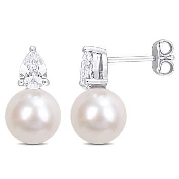 Freshwater Pearl And Created White Sapphire Stud Earrings In Sterling Silver