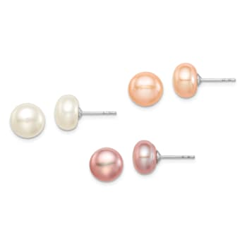 Rhodium Over Sterling Silver 8-9mm Set of 3 White/Pink/Purple Button FWC
Pearl Earrings