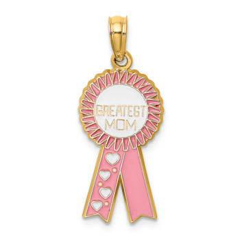 14k Yellow Gold Textured Enameled Greatest Mom Pink Ribbon Charm