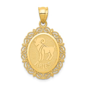 14k Yellow Gold Solid Satin, Polished and Textured Aries Zodiac Oval Pendant