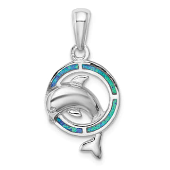 Rhodium Over Sterling Silver Blue Inlay Lab Created Opal Dolphin Pendant