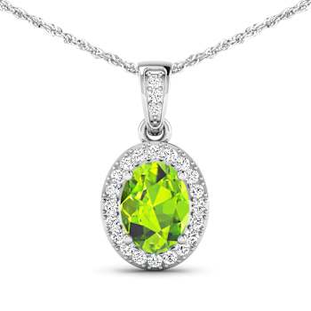 1.05ctw 14K White Gold Oval Peridot and White Diamond Pendant with 18
inch Cable Chain