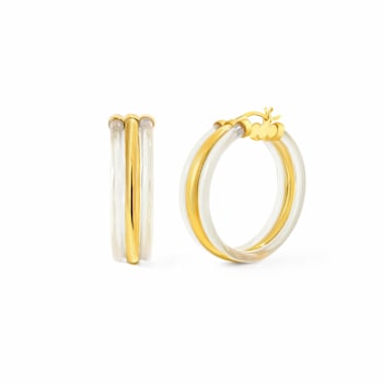 14K Yellow Gold Over Sterling Silver Acrylic Ridge Hoop Earrings in Clear