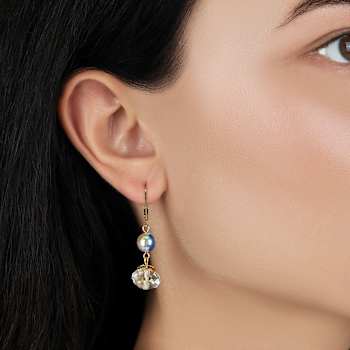 Gold Tone Round & Rondell Clear Crystals AB Drop Leverback Earrings