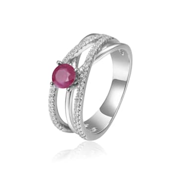 Round Ruby with White Sapphire Accents Sterling Silver Crossover Open
Design Ring, 0.65ctw