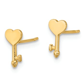 14K Yellow Gold Polished Heart Key Stud Earrings