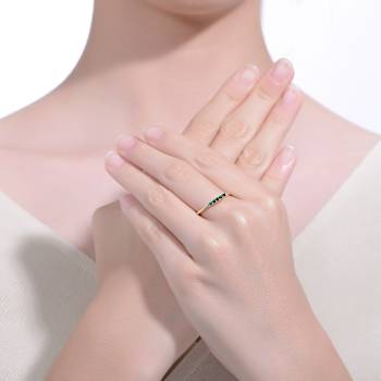 Emerald Color CZ Chevron Tower Band Ring In 14K Gold Over Sterling Silver