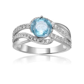 Round Blue Topaz with White Sapphire Accents Crossover Ring, 1.12ctw