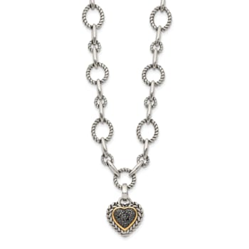 Sterling Silver Antiqued with 14K Accent Black Diamond Heart Drop Necklace