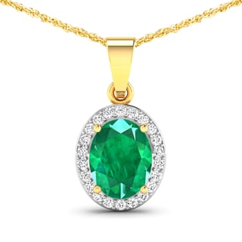 Zambian Emerald and White Diamond 14K Yellow Gold Pendant with 18 inch
Cable Chain 1.65ctw