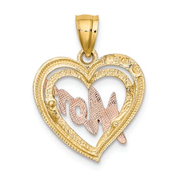 14k Two-tone Gold Textured Mom Heart Charm