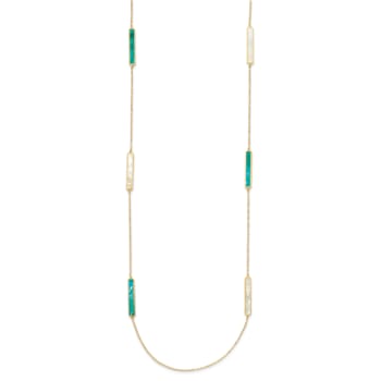 14K Yellow Gold Teal and White Color Mother Of Pearl Bar 34 Inch Necklace