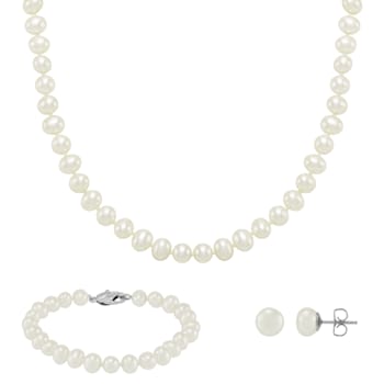 White Freshwater Pearl Necklace, Bracelet with Round Stud Earrings
Sterling Silver Jewelry Set
