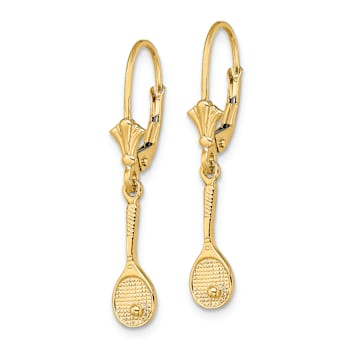 14k Yellow Gold Polished and Textured Tennis Racquet with Ball Dangle Earrings