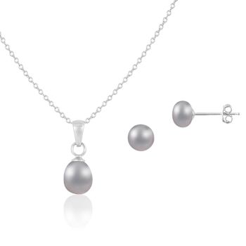 6.5-7mm Button/Drop Gray Freshwater Pearl Rhodium Over Sterling Earring
and Pendant W/Chain Set
