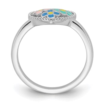 Rhodium Over Sterling Silver Beaded and Enameled Floral Heart Children's Ring
