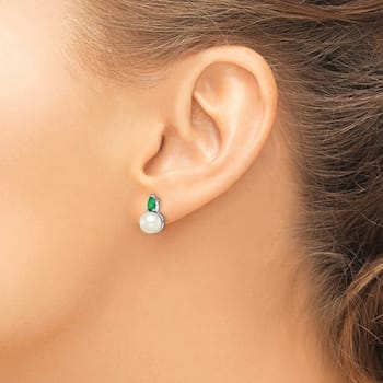 Rhodium Over 14K White Gold Freshwater Cultured Pearl and Emerald Post Earrings