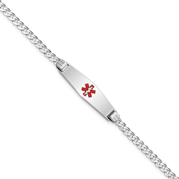Rhodium Over 14k White Gold Medical Soft Diamond Shape Red Enamel Flat
Curb Link ID Bracelet