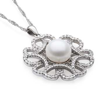 Sterling Silver Freshwater Pearl and Cubic Zirconia Pendant