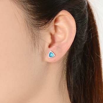 Blue Topaz Color CZ Triangle Stud Earrings In Sterling Silver