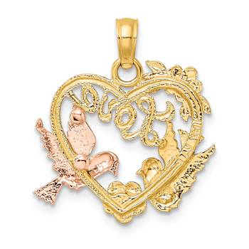 14K Tri-color Gold Textured LOVE with Doves Heart Charm