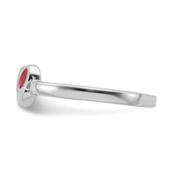 Rhodium Over Sterling Silver Red Enameled Double Heart Children's Ring