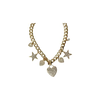 Gold Tone Crystal Stars and Heart Charms Pendant Necklace.