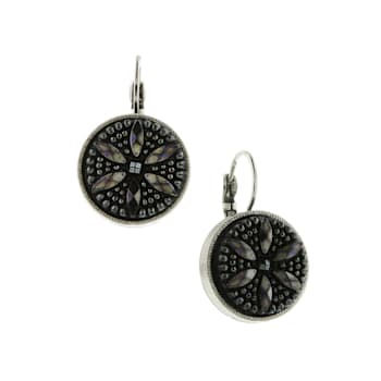 Silver-Tone Textured Black Round Drop Earrings