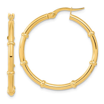 14k Yellow Gold 1 1/8" Polished and Fancy Hoop Earrings
