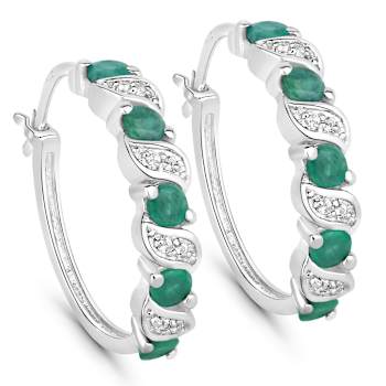 Green Emerald and White Topaz Sterling Silver Hoop Earrings