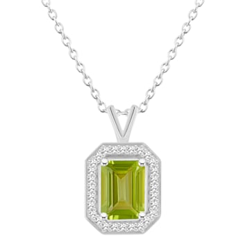 8x6mm Emerald Cut Peridot 1/7 ctw Diamond Rhodium Over Sterling Silver
Halo Pendant with Chain