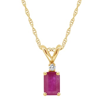 6x4mm Emerald Cut Ruby with Diamond Accent 14k Yellow Gold Pendant With Chain