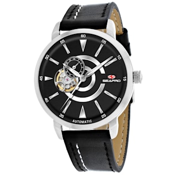 Seapro Men's Elliptic Black Dial, Black Leather Strap Watch