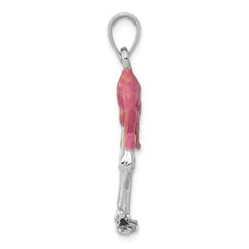 Rhodium Over 14k White Gold 3D Enameled Pink Flamingo Pendant