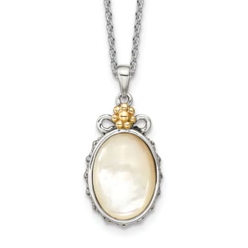 Sterling Silver Antiqued with 14K Accent Floral Oval Mother Of Pearl Necklace